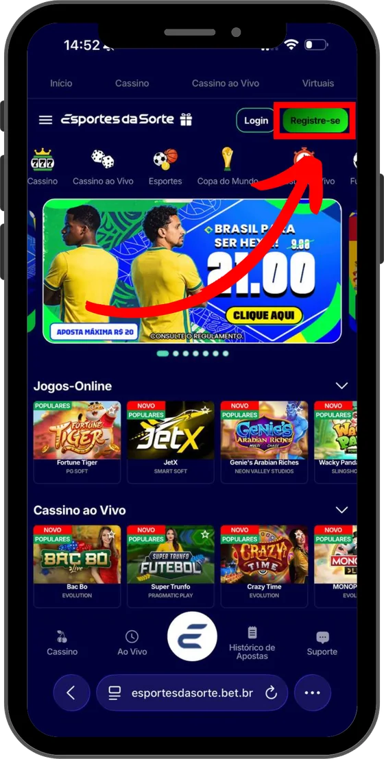 Tela inicial do app com o botão Registre-se em destaque