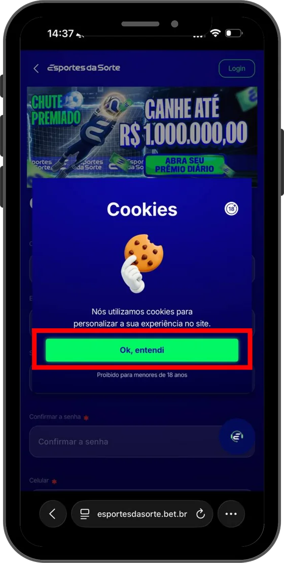 Aviso de cookies do site com o botão Ok, entendi