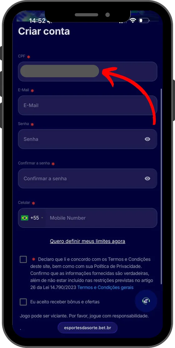 Formulário Criar conta: campos de CPF, e-mail, senha e celular