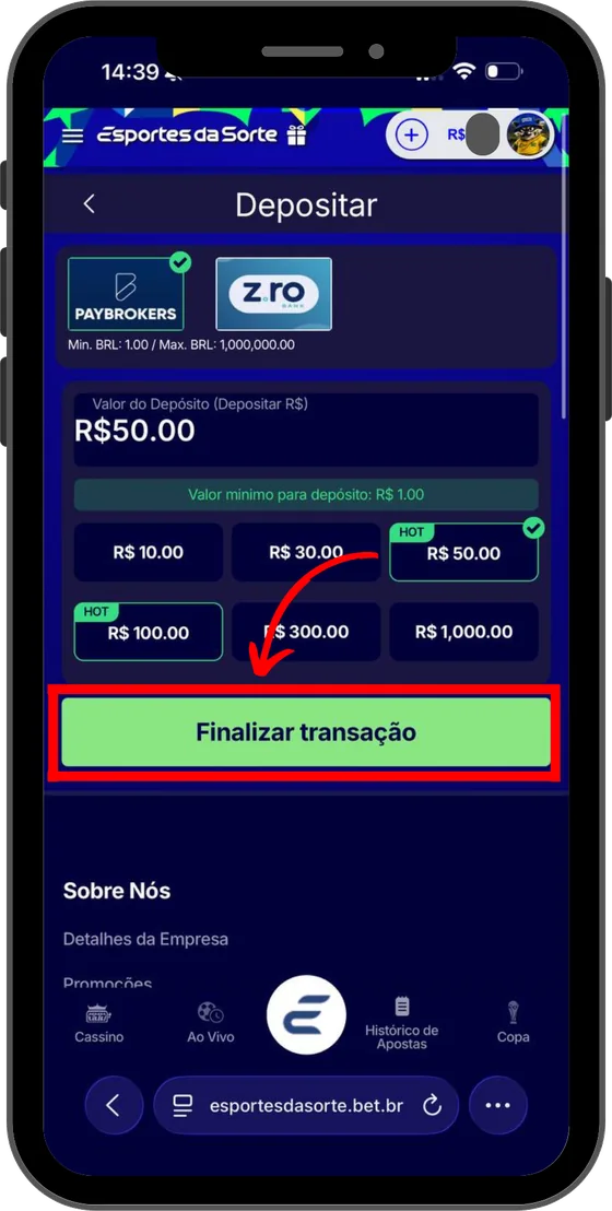 Tela de depósito do app: escolha do valor e método Pix