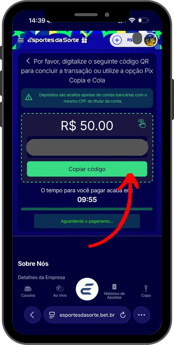 Tela de pagamento do app: QR Code Pix e código copia-e-cola