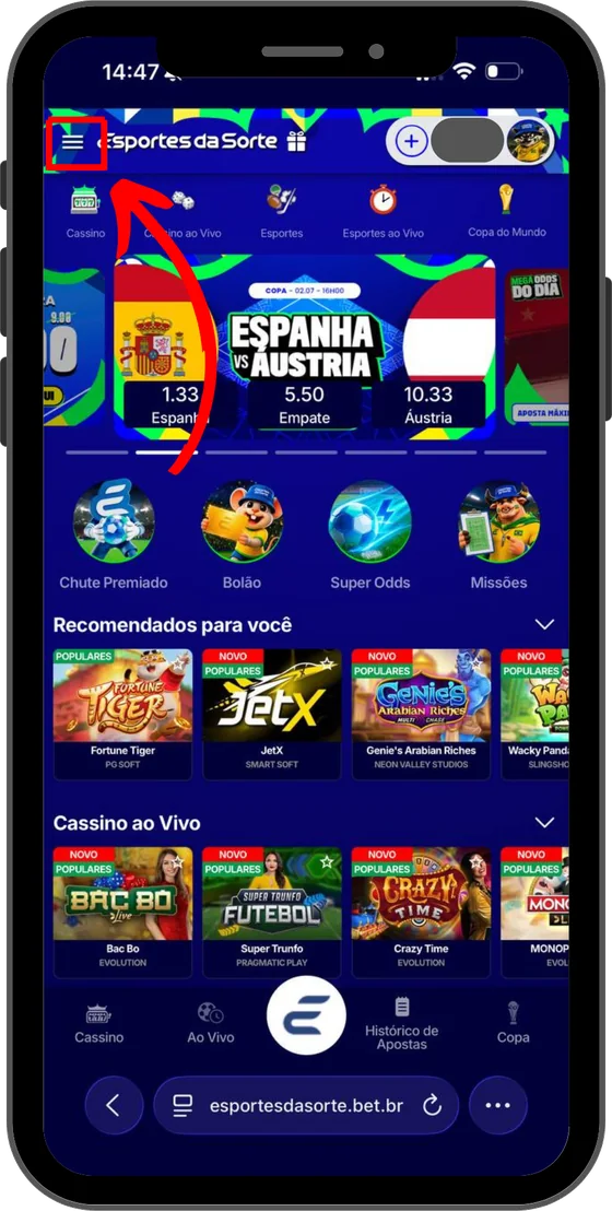 Tela inicial com o menu (três traços) em destaque no topo
