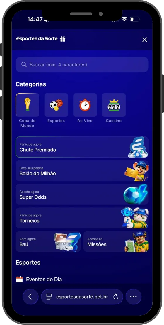 Menu aberto com as categorias: Copa, Esportes, Ao Vivo e Cassino